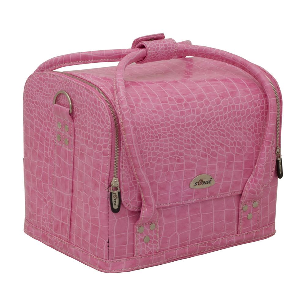 4-Tiers Expandable Trays Roll Top Pink Crocodile Professional Makeup Beauty Train Case - C3025 - YuppyCollections