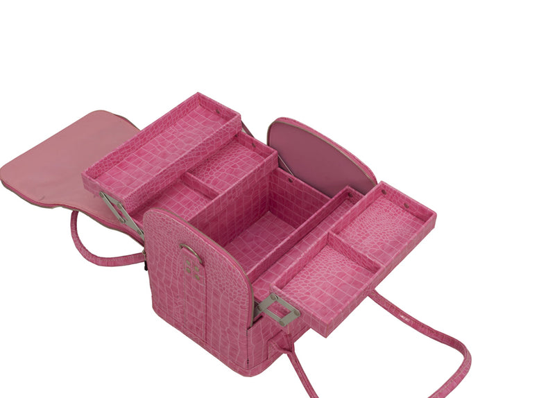 4-Tiers Expandable Trays Roll Top Pink Crocodile Professional Makeup Beauty Train Case - C3025 - YuppyCollections