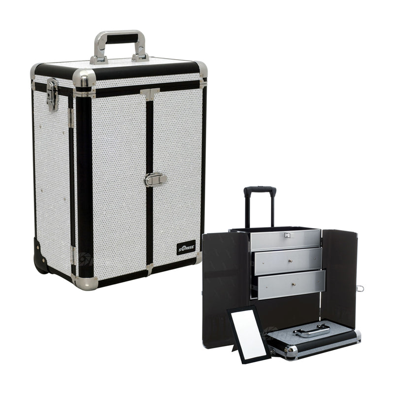 White Krystal Pattern Interchangeable Professional Rolling Aluminum Cosmetic Makeup Case French Door Opening with Large Drawers - E6306 - YuppyCollections