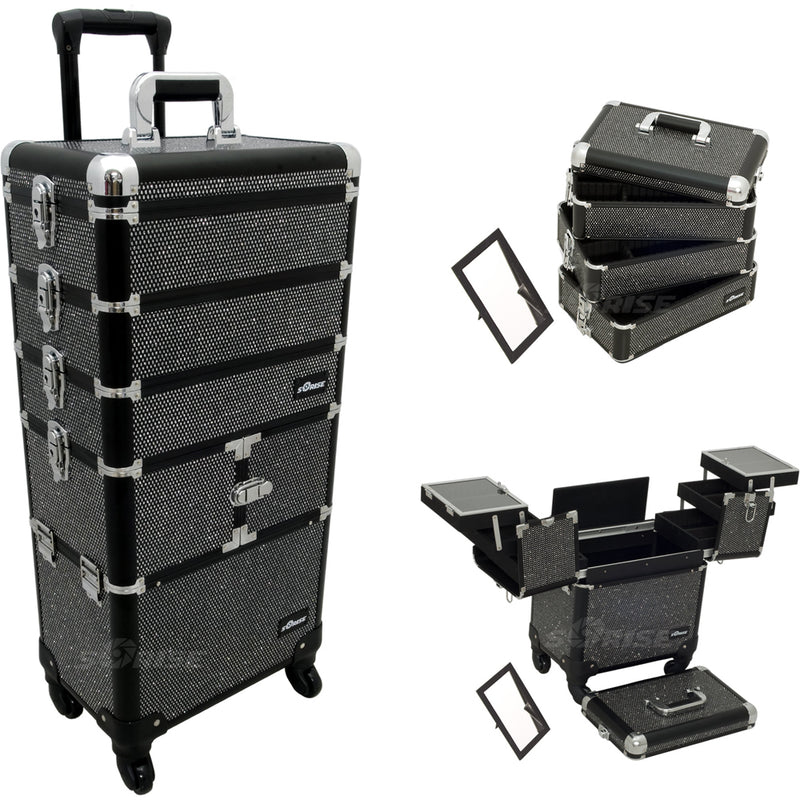 Black Krystal 3-Tiers Accordion Trays Professional Rolling Aluminum Cosmetic Makeup Case and Stackable Trays with Dividers - I3364 - YuppyCollections