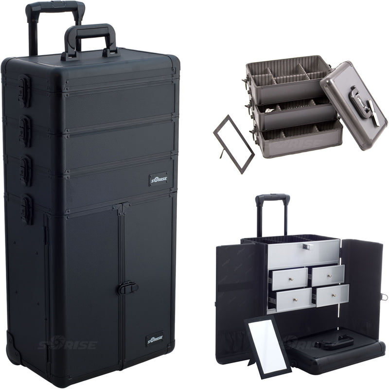 Black Dot Professional Rolling Aluminum Cosmetic Makeup Case French Door Opening with Split Drawers and Stackable Trays with Dividers - I3365 - YuppyCollections