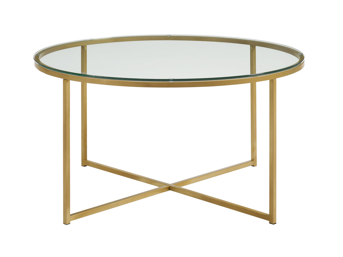 WE Furniture 36" Glass Top Coffee Table with X-Base - Glass/Gold - YuppyCollections