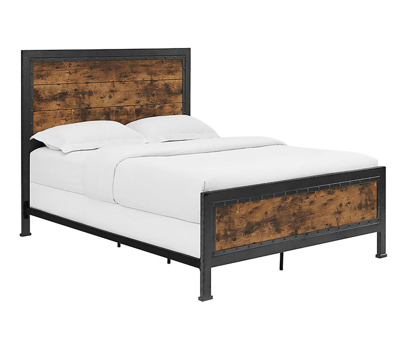 WE Furniture Queen Size Industrial Wood and Metal Bed - Brown - YuppyCollections