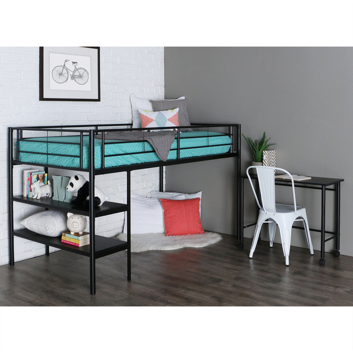 WE Furniture Kids Room Premium Metal Twin Low Loft Bed with Desk - Black - YuppyCollections