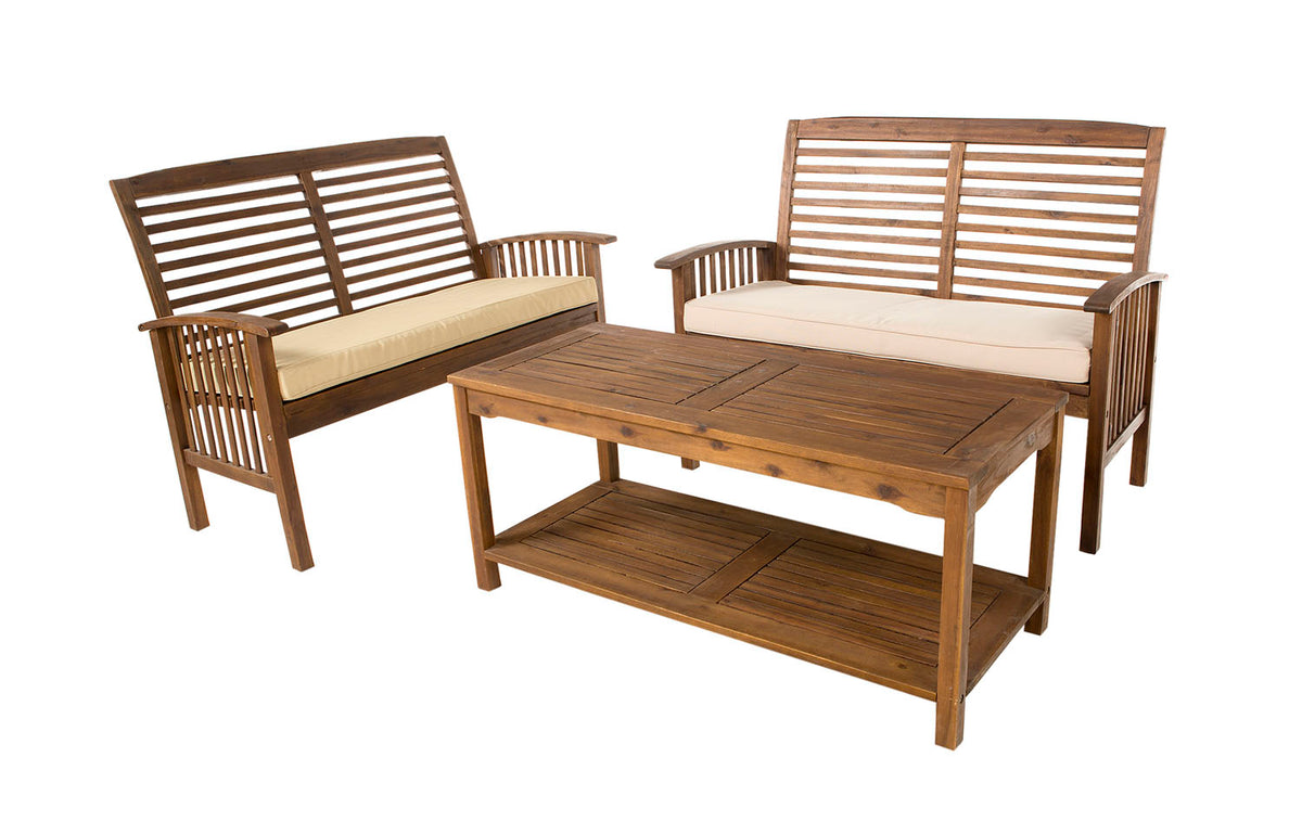 WE Furniture 3 Piece Dark Brown Acacia Outdoor Patio Conversation Set - YuppyCollections