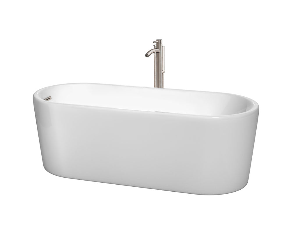 Wyndham Collection Ursula 67" Freestanding Bathtub in White with Floor Mounted Faucet, Drain and Overflow Trim in Brushed Nickel - YuppyCollections