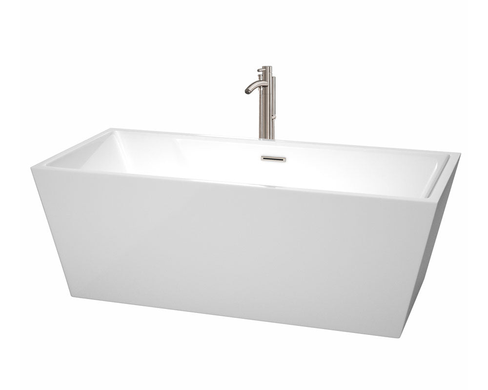 Wyndham Collection Sara 67" Freestanding Bathtub in White with Floor Mounted Faucet, Drain and Overflow Trim in Brushed Nickel - YuppyCollections