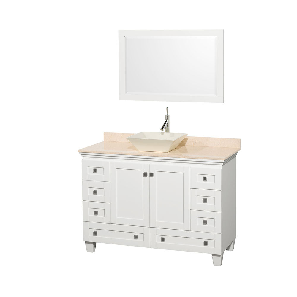 48" Single Bathroom Vanity in White, Ivory Marble Countertop, Pyra Bone Sink, and 24" Mirror - YuppyCollections