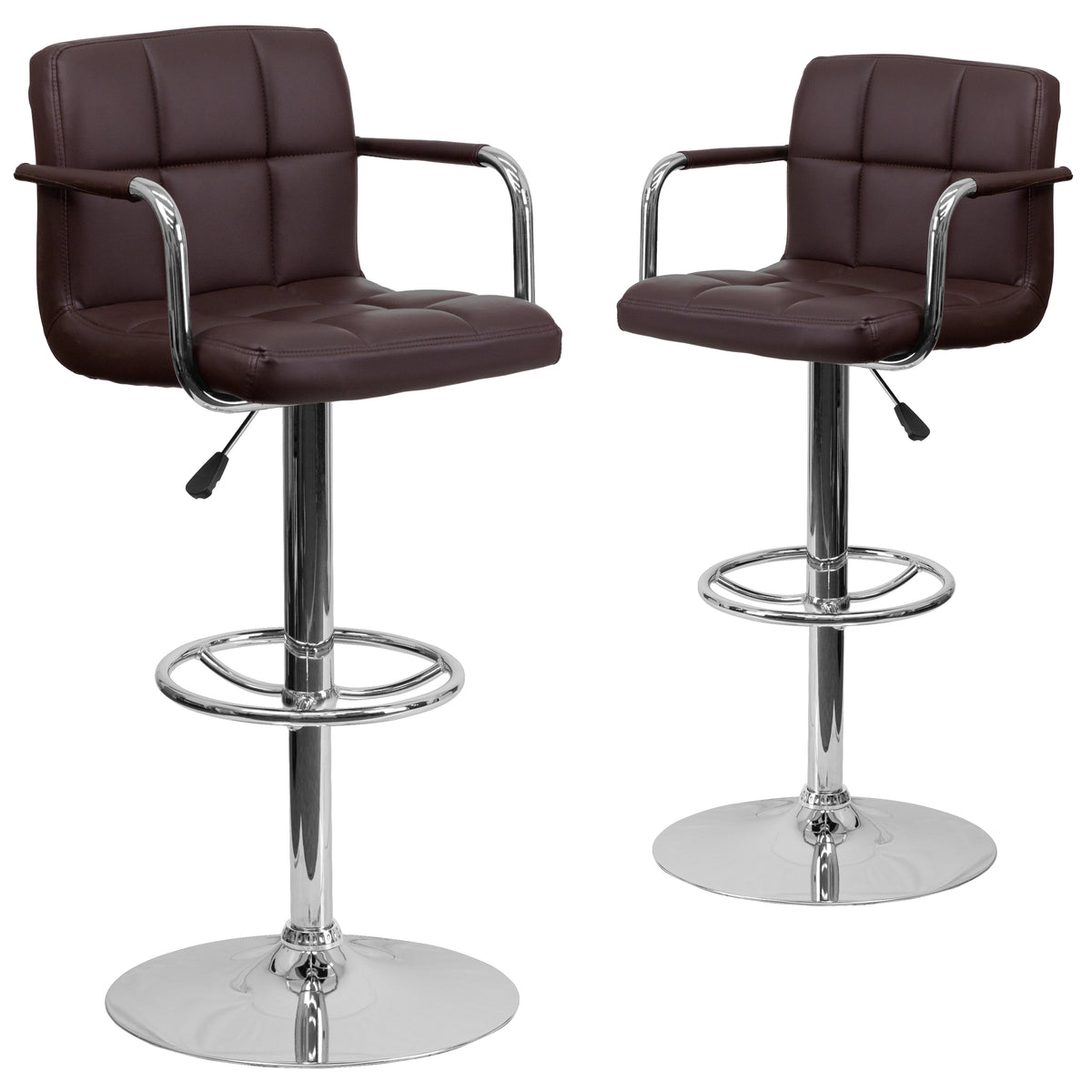 2 Pk. Contemporary Quilted Vinyl Adjustable Height Bar Stool with Arms and Base - YuppyCollections