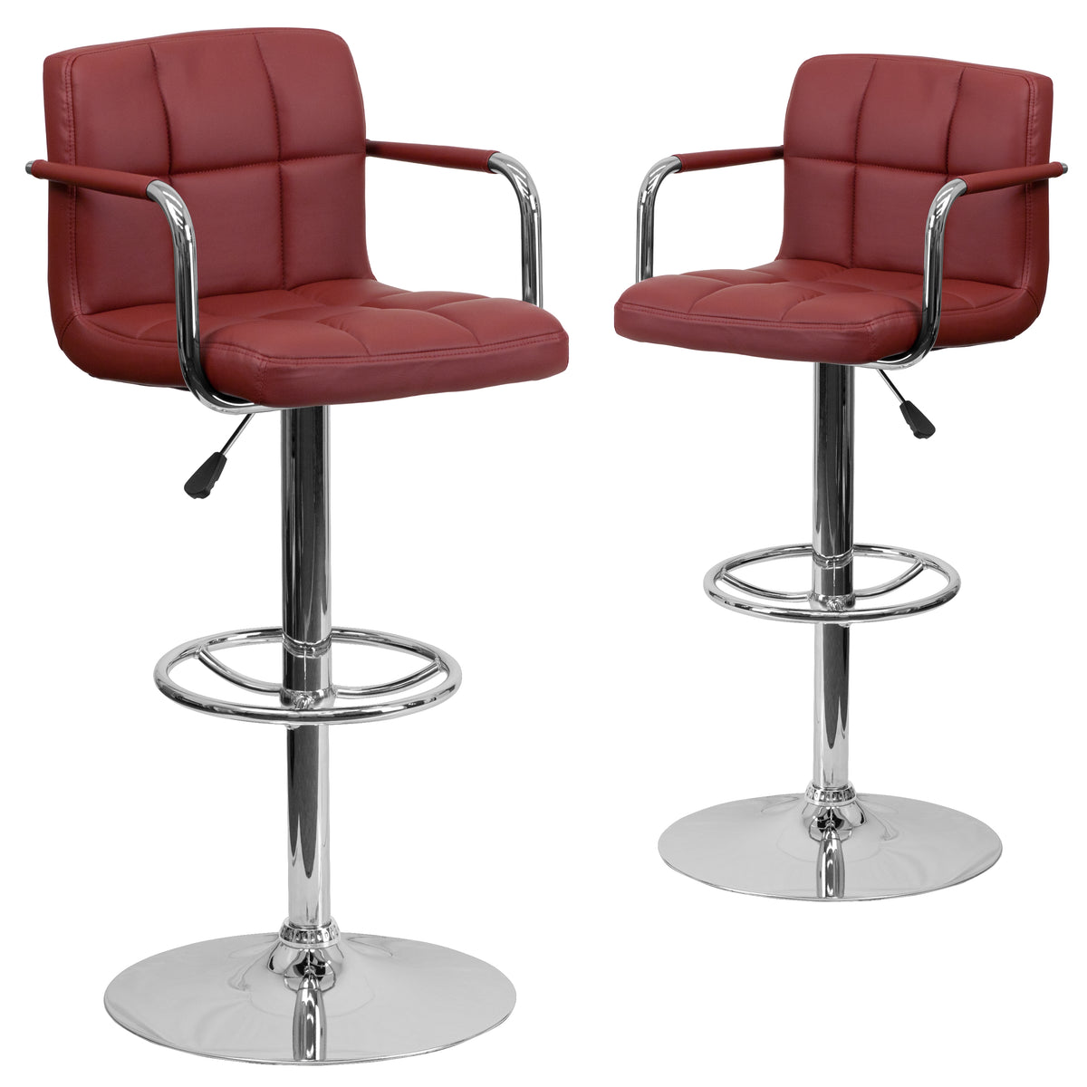 2 Pk. Contemporary Quilted Vinyl Adjustable Height Bar Stool with Arms and Base - YuppyCollections