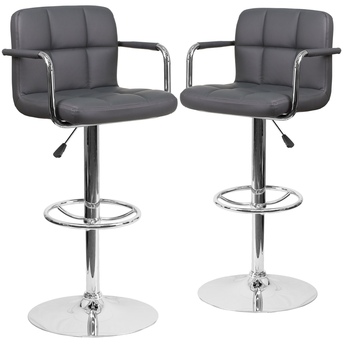 2 Pk. Contemporary Quilted Vinyl Adjustable Height Bar Stool with Arms and Base - YuppyCollections