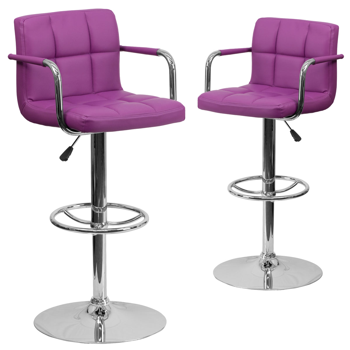 2 Pk. Contemporary Quilted Vinyl Adjustable Height Bar Stool with Arms and Base - YuppyCollections