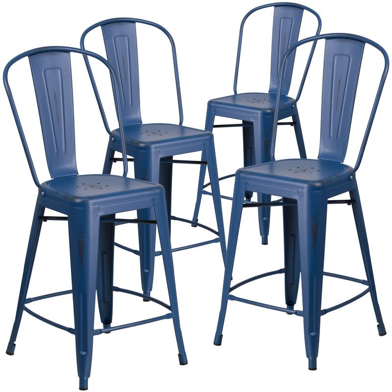 4 Pk. 24'' High Distressed Metal Indoor-Outdoor Counter Height Stool with Back - YuppyCollections