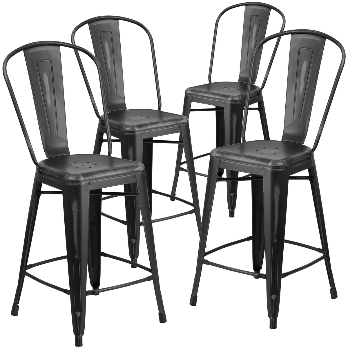 4 Pk. 24'' High Distressed Metal Indoor-Outdoor Counter Height Stool with Back - YuppyCollections