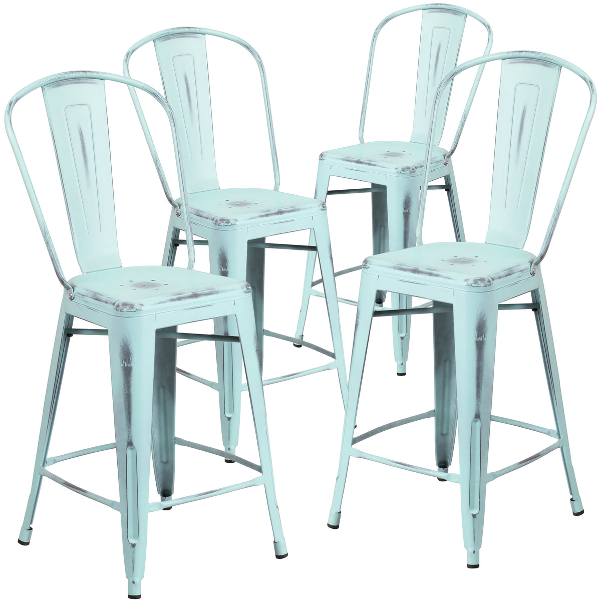 4 Pk. 24'' High Distressed Metal Indoor-Outdoor Counter Height Stool with Back - YuppyCollections