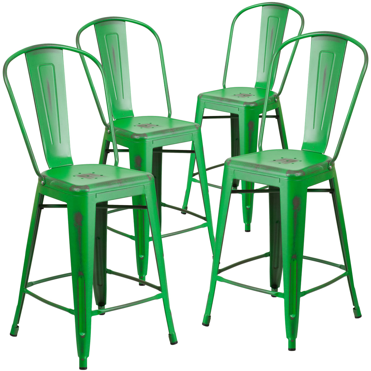 4 Pk. 24'' High Distressed Metal Indoor-Outdoor Counter Height Stool with Back - YuppyCollections