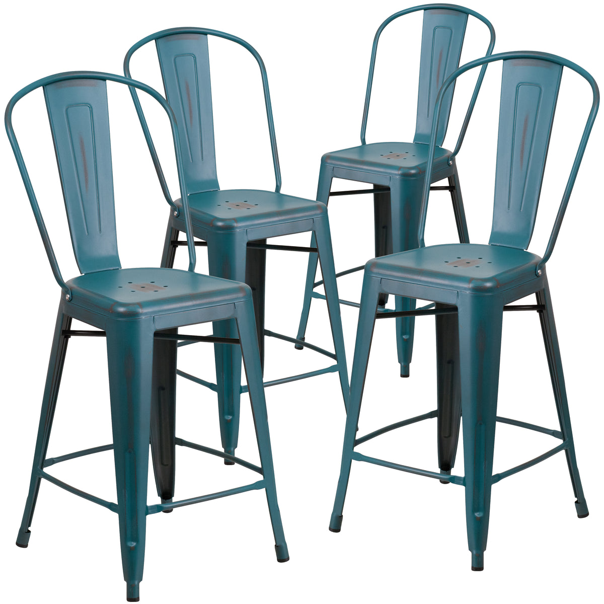 4 Pk. 24'' High Distressed Metal Indoor-Outdoor Counter Height Stool with Back - YuppyCollections