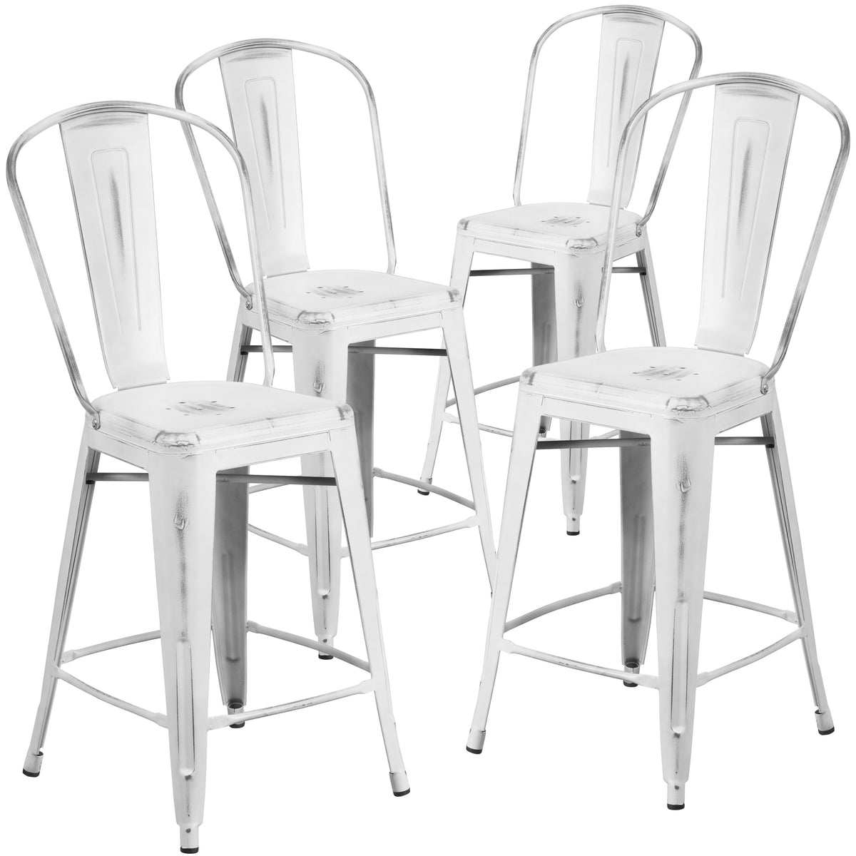 4 Pk. 24'' High Distressed Metal Indoor-Outdoor Counter Height Stool with Back - YuppyCollections