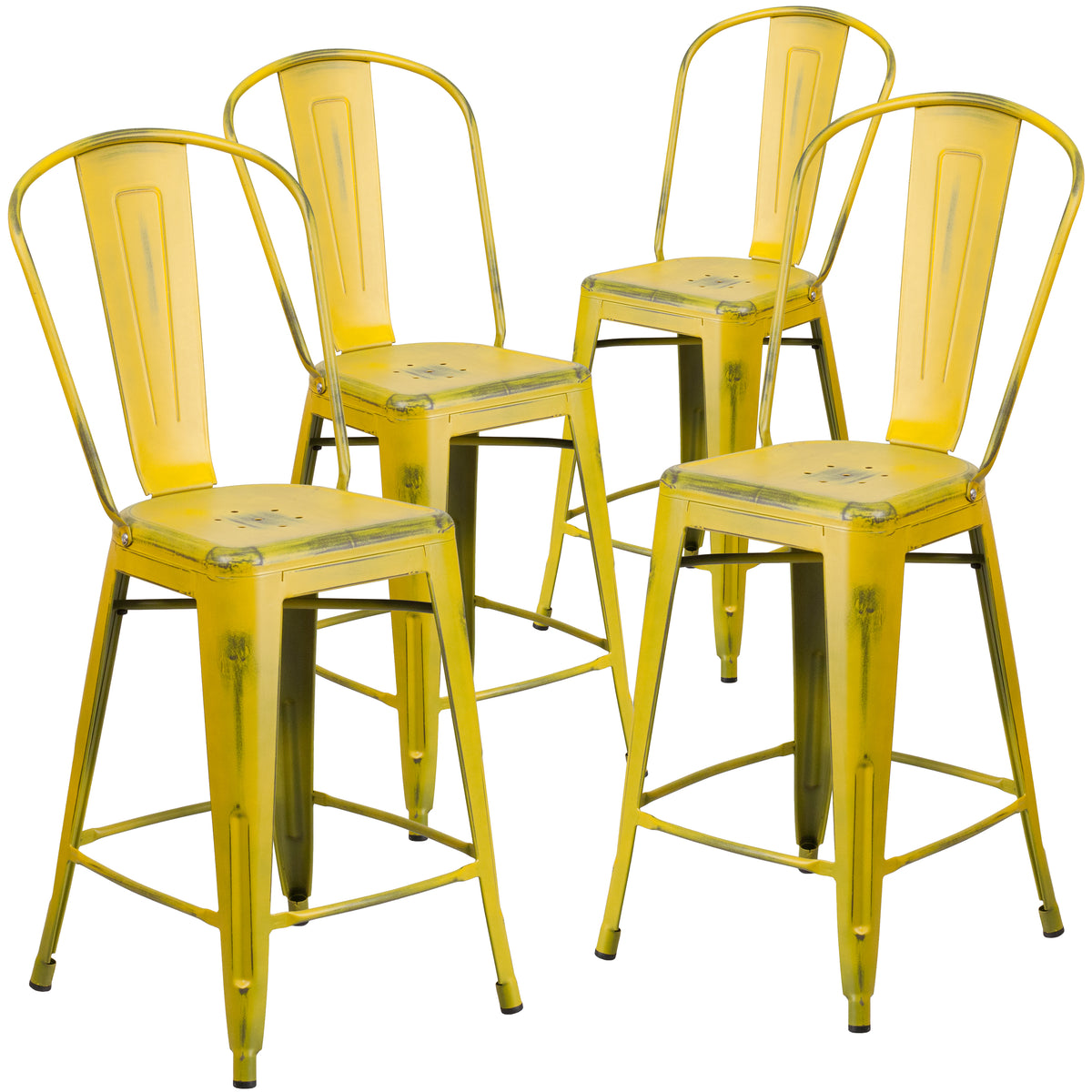 4 Pk. 24'' High Distressed Metal Indoor-Outdoor Counter Height Stool with Back - YuppyCollections