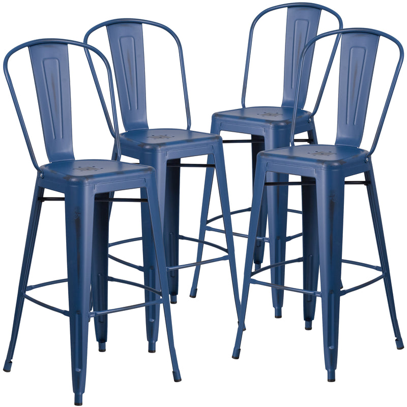 4 Pk. 30'' High Distressed Metal Indoor-Outdoor Barstool with Back - YuppyCollections