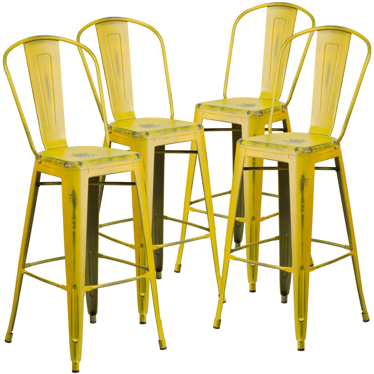 4 Pk. 30'' High Distressed Metal Indoor-Outdoor Barstool with Back - YuppyCollections