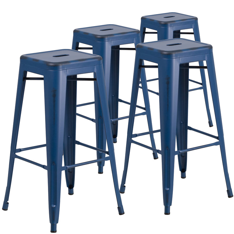 4 Pk. 30'' High Backless Distressed Metal Indoor-Outdoor Barstool - YuppyCollections