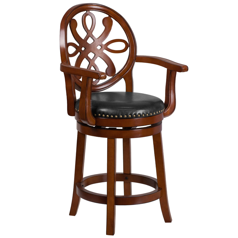 26'' High Wood Counter Height Stool with Arms and Leather Swivel Seat - YuppyCollections