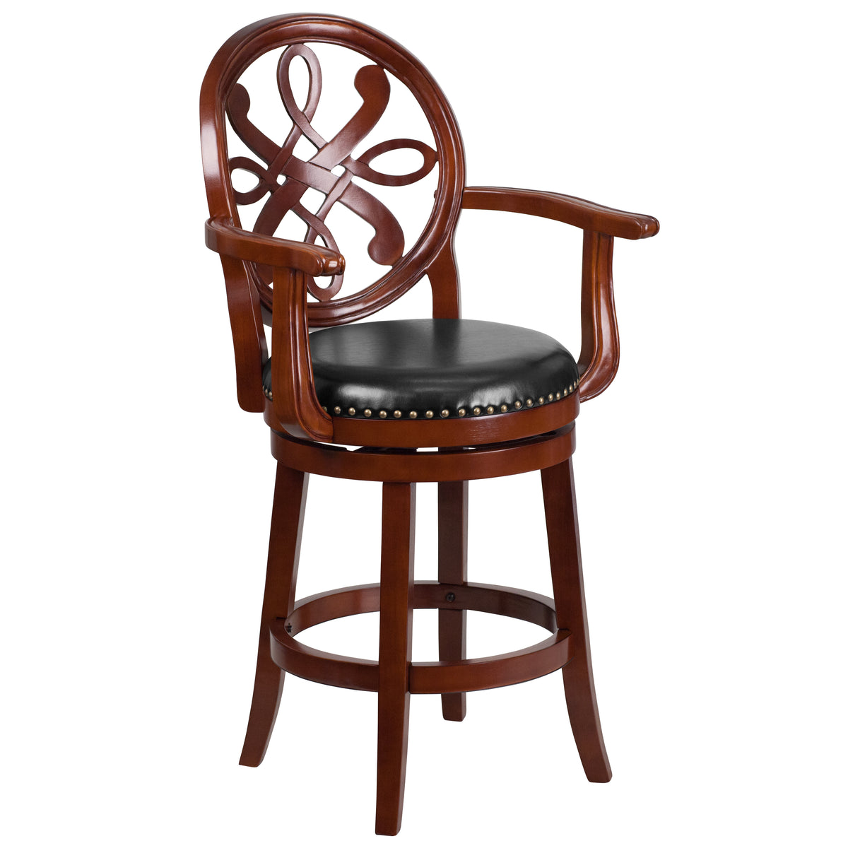 26'' High Wood Counter Height Stool with Arms and Leather Swivel Seat - YuppyCollections