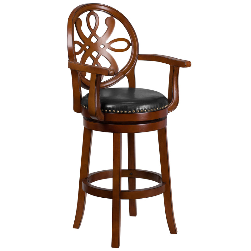 30'' High Wood Barstool with Arms and Leather Swivel Seat - YuppyCollections