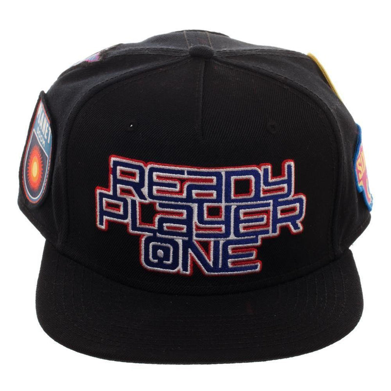 Ready Player One Logo Flat Bill Cap, Patch Black Snapback with Gamer Patches, Video Game Movie Action - YuppyCollections