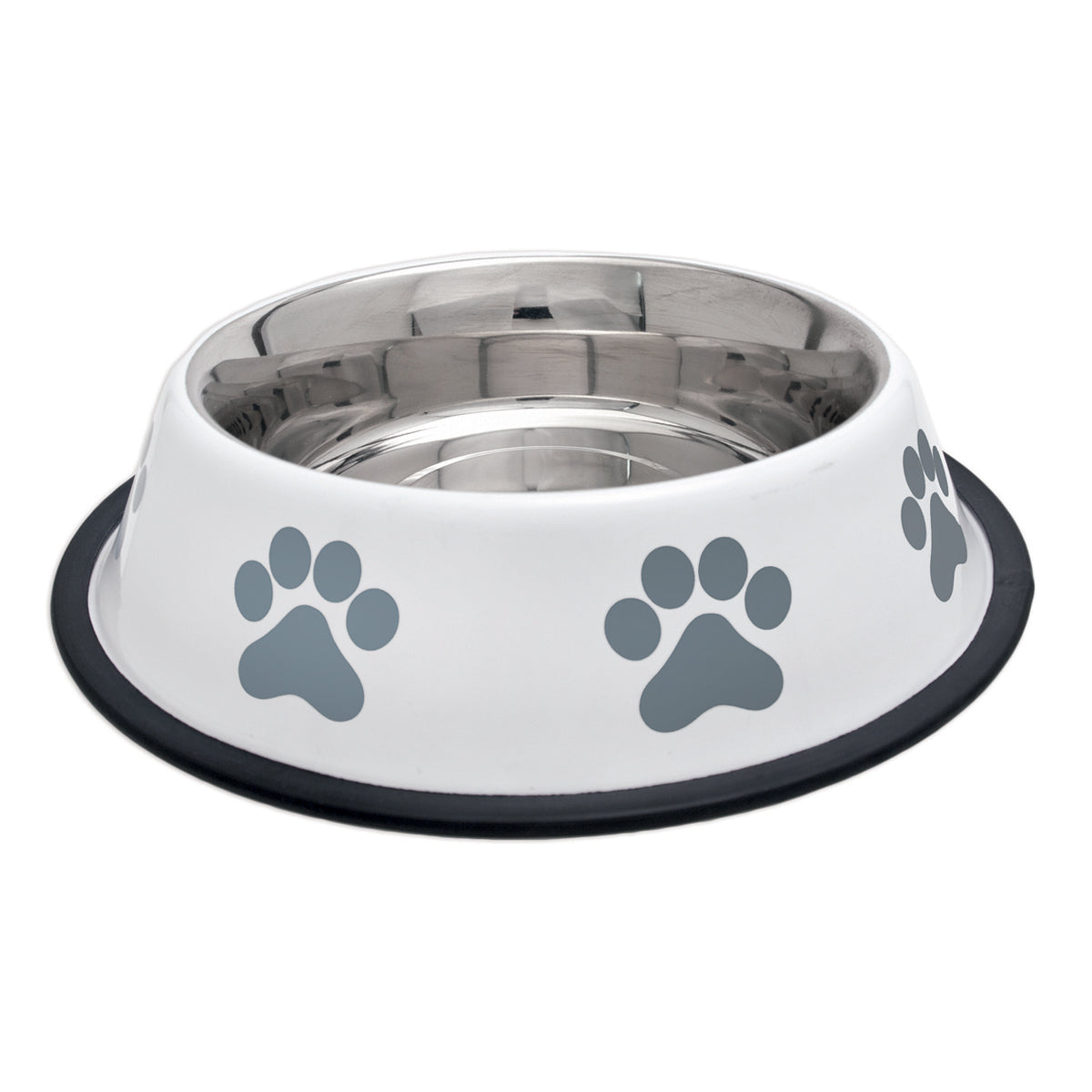 Fashion Steel Bowl White W/Grey Paws 32oz- - YuppyCollections