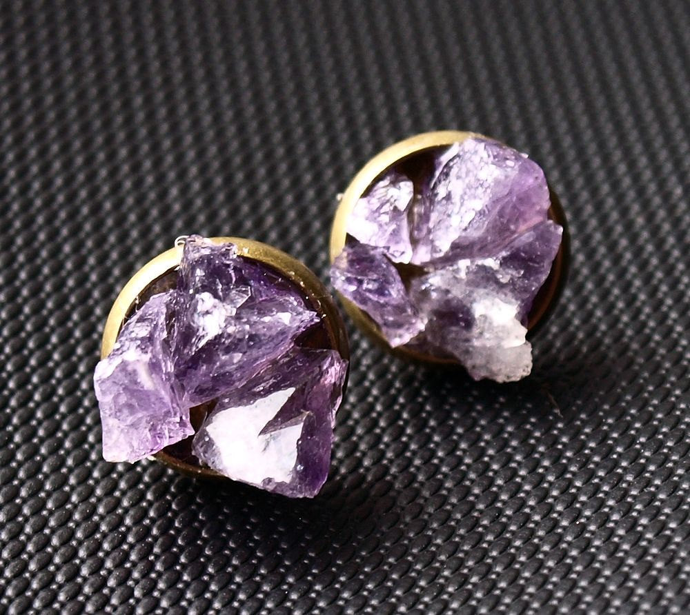 Amethyst Cluster Stud Earrings, Raw Amethyst Earrings - YuppyCollections