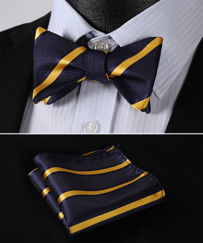 BS316V Navy Blue Yellow Stripe 100%Silk Jacquard Woven Men Self Bow Tie BowTie Pocket Square Handkerchief Hanky Suit Set - YuppyCollections