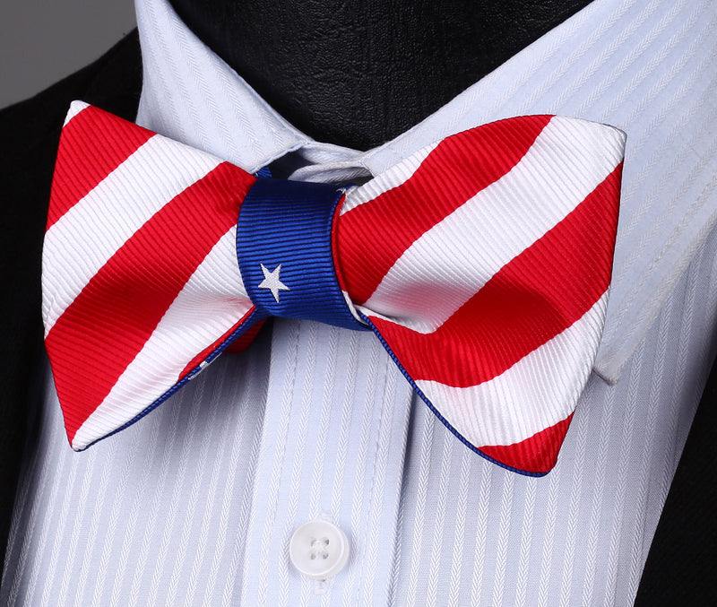 BE05B Blue Red White Stripe Double Side Bowtie Men Cotton Party Classic Wedding Self Bow Tie - YuppyCollections