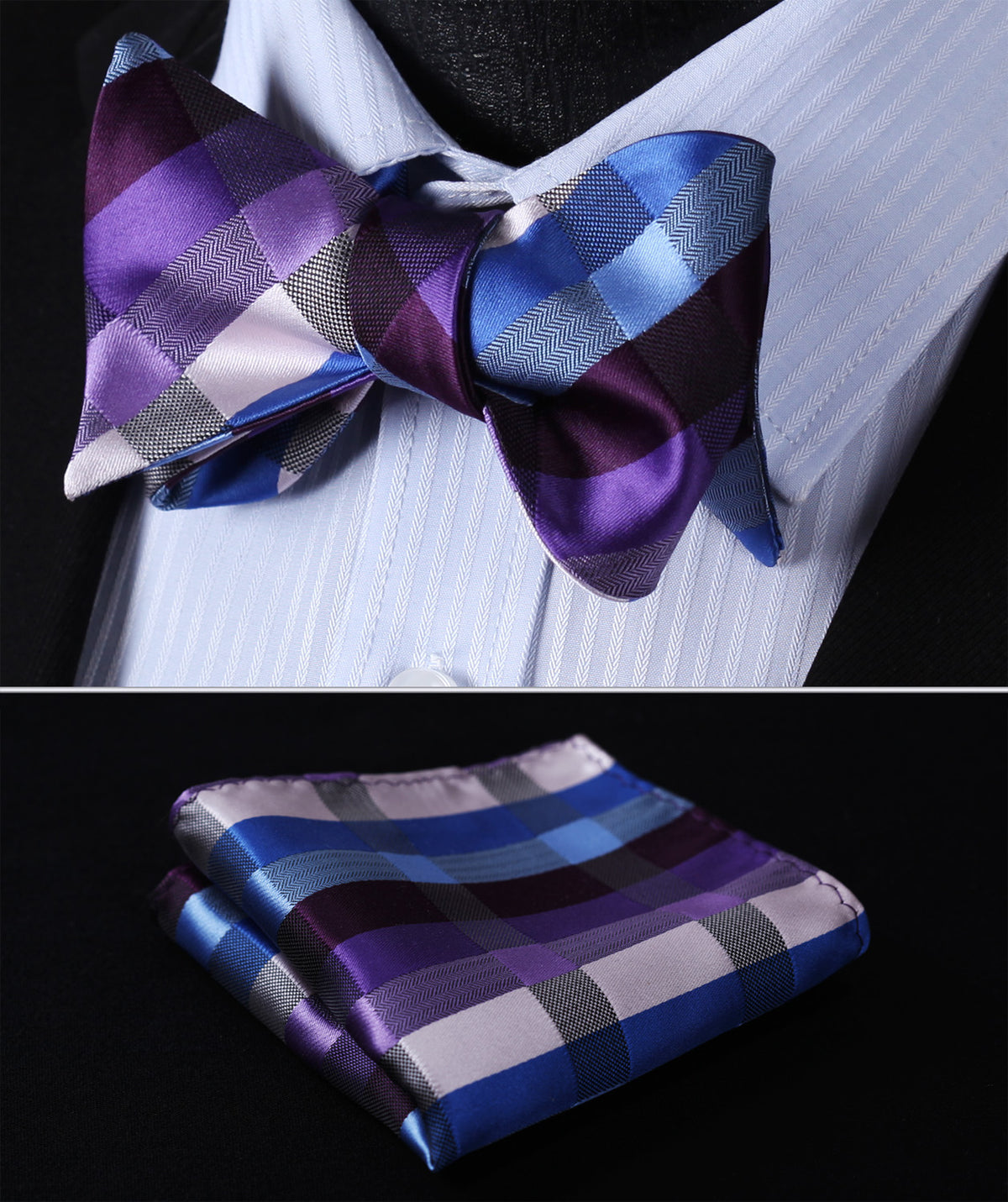 BC801PS Purple Blue Check Bowtie Men Silk Self Bow Tie handkerchief set - YuppyCollections