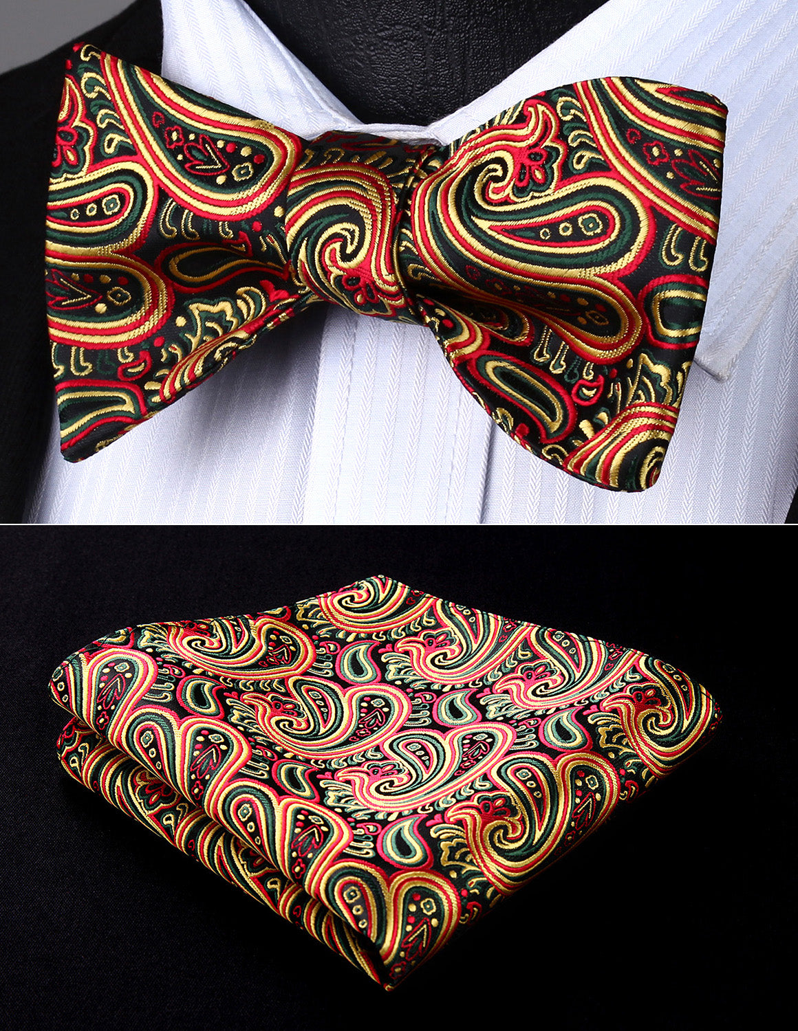 Party  Pocket Square Classic Wedding  BP713GS Orange Green Red Paisley Bowtie Men Silk Self Bow Tie handkerchief set - YuppyCollections