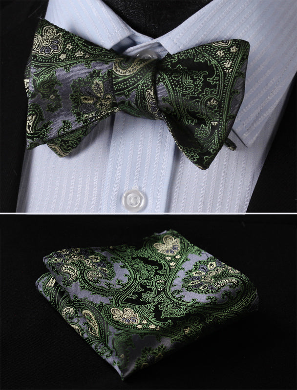 BF3022G Green Gray Paisley 100%Silk Jacquard Woven Men Butterfly Bow Tie BowTie Pocket Square Handkerchief Hanky Suit Set - YuppyCollections