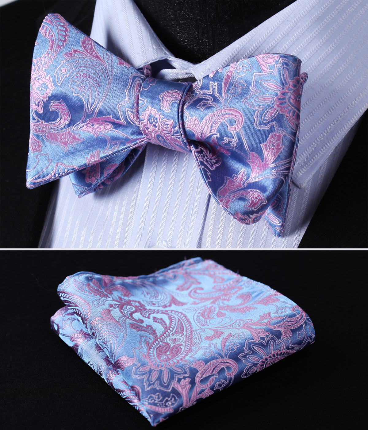 Pocket Square Classic Party Wedding BP802FS Pink Blue Paisley Bowtie Men Silk Self Bow Tie handkerchief set - YuppyCollections