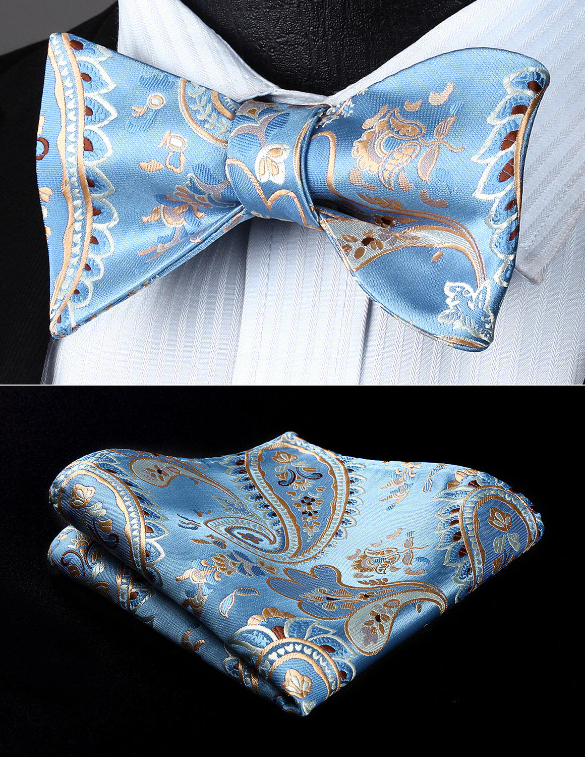 Party  Pocket Square Classic Wedding  BP928BS Blue Gold Paisley Bowtie Men Silk Self Bow Tie handkerchief set - YuppyCollections