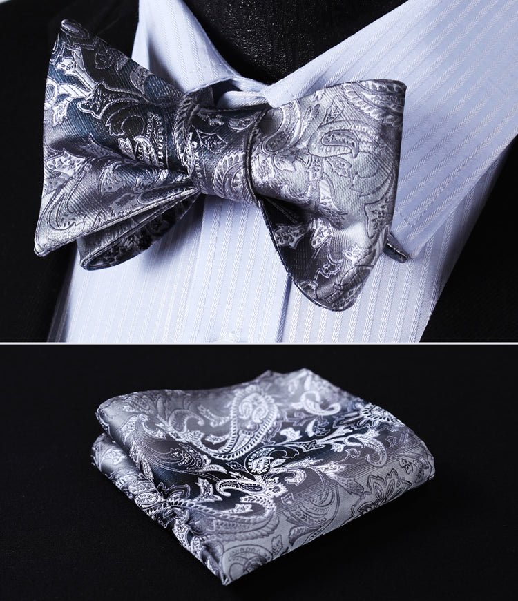 Pocket Square Classic Party Wedding BP802AS Gray Paisley Bowtie Men Silk Self Bow Tie handkerchief set - YuppyCollections