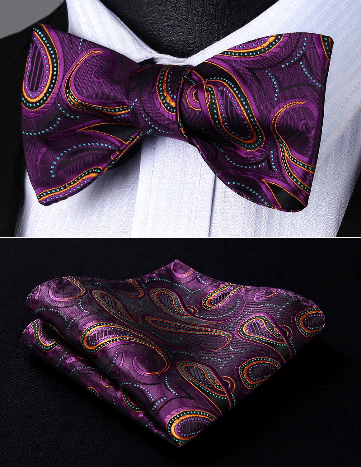 BP821PS Purple Orange Paisley Bowtie Men Silk Self Bow Tie handkerchief set Party  Pocket Square Classic Wedding - YuppyCollections