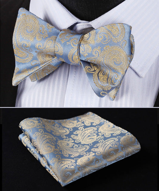 BP809E Beige Blue Paisley 100%Silk Jacquard Men Butterfly Self Bow Tie BowTie Pocket Square Handkerchief Hanky Suit Set - YuppyCollections