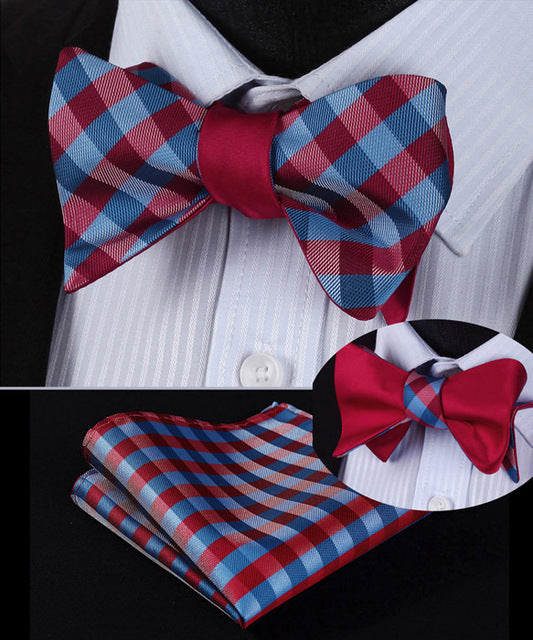 BE02R Red Blue Check 100%Silk Double Sided Woven Men Butterfly Self Bow Tie BowTie Pocket Square Handkerchief Hanky Suit Set - YuppyCollections