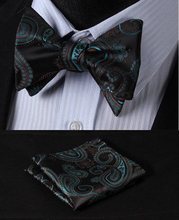 BF4006G Green Black Paisley 100%Silk Jacquard Woven Men Butterfly Self Bow Tie BowTie Pocket Square Handkerchief Hanky Suit Set - YuppyCollections