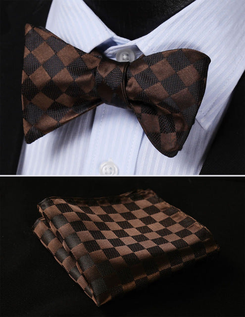 BC329Z Brown Check 100%Silk Jacquard Woven Men Butterfly Self Bow Tie BowTie Pocket Square Handkerchief Hanky Suit Set - YuppyCollections