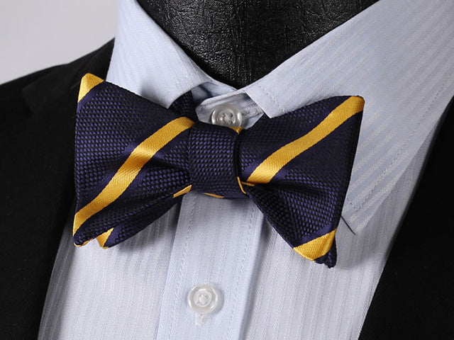 BS316V Navy Blue Yellow Stripe 100%Silk Jacquard Woven Men Self Bow Tie BowTie Pocket Square Handkerchief Hanky Suit Set - YuppyCollections