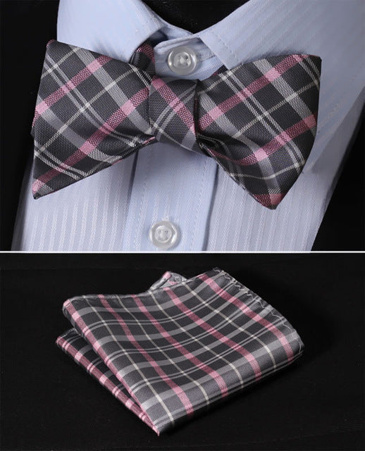 BC4014K Pink Gray Check 100%Silk Jacquard Woven Men Butterfly Self Bow Tie BowTie Pocket Square Handkerchief Hanky Suit Set - YuppyCollections