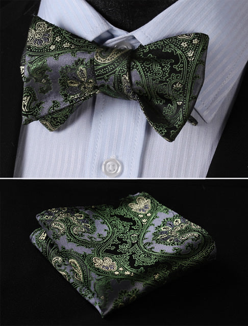 BF3022G Green Gray Paisley 100%Silk Jacquard Woven Men Butterfly Bow Tie BowTie Pocket Square Handkerchief Hanky Suit Set - YuppyCollections