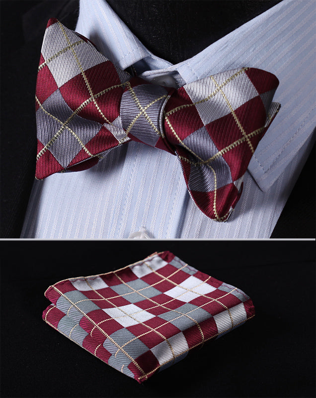 Check 100%Silk Jacquard Woven Men Butterfly Self Bow Tie BowTie Pocket Square Handkerchief Hanky Suit Set #RC1 - YuppyCollections