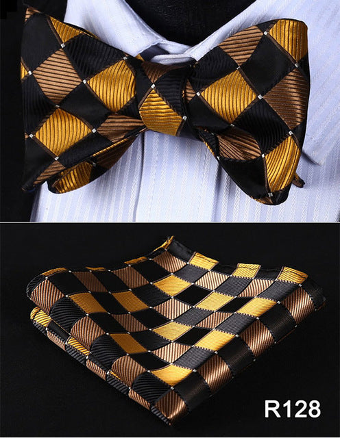 Check 100%Silk Jacquard Woven Men Butterfly Self Bow Tie BowTie Pocket Square Handkerchief Hanky Suit Set #RC1 - YuppyCollections